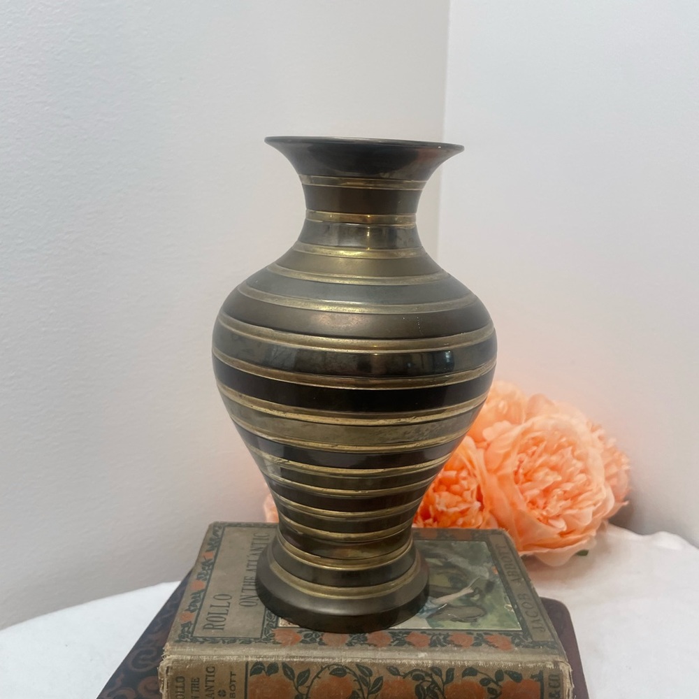 Vintage Brass Vase Striped Ribbed Brass multi metal MCM decor made in India